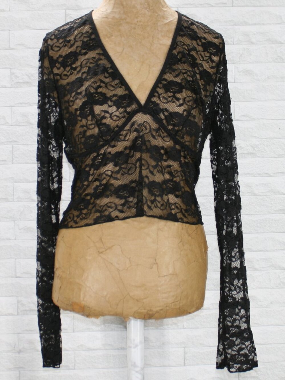 AVIDLOVE Blouse Sheer Lace Long Sleeve Cropped Top V-Neck Gothic Black XL